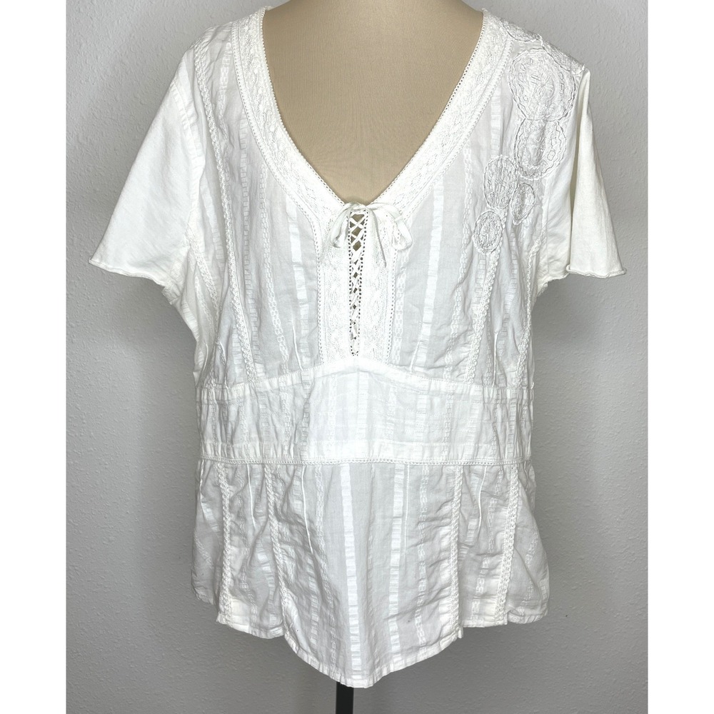 J. Jill Women Top Lace Up V-Neck Boho Embroidered Cotton 18T White